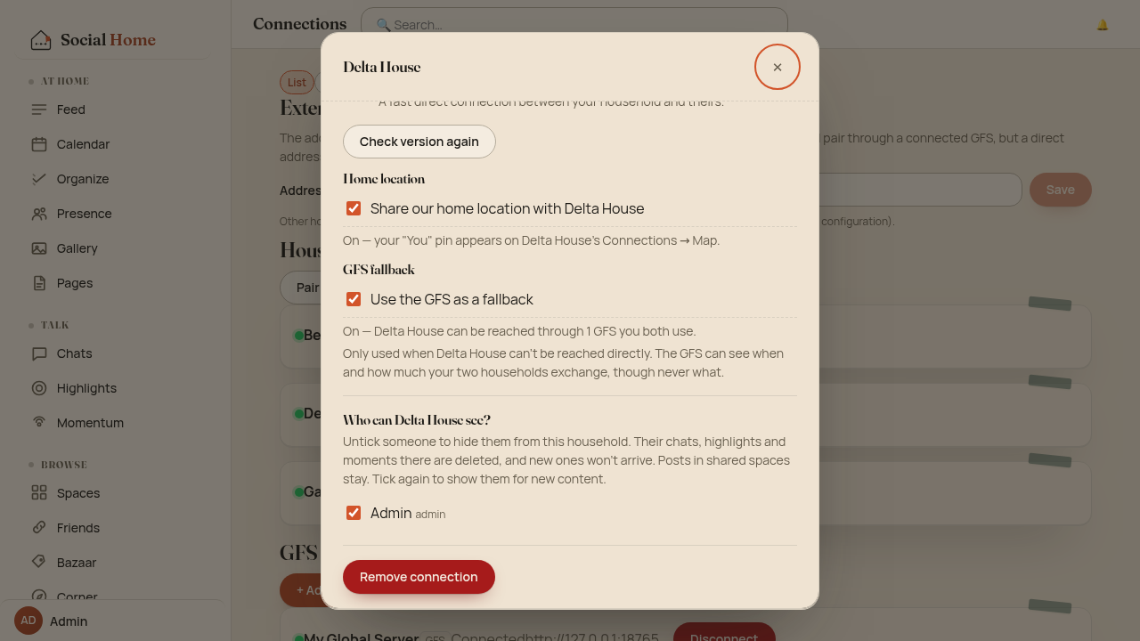 Manage panel for a paired household with Use the GFS as a fallback ticked, saying it can be reached through 1 GFS both households use, and what the GFS can see