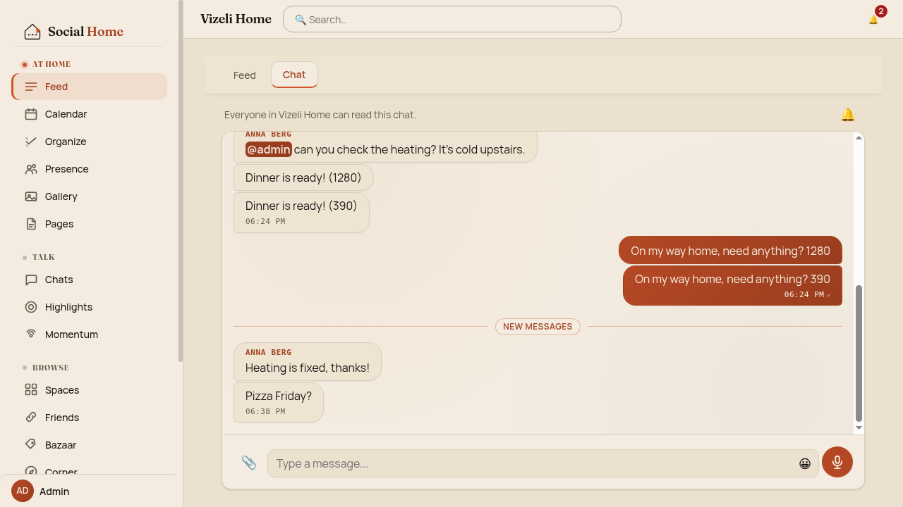 The household feed with its Chat tab open, showing messages from family members, an @mention and a New messages divider
