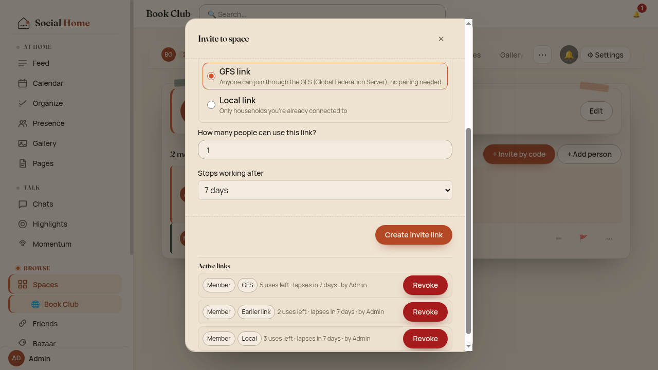 Invite dialog with GFS link selected, and a list of active links marked GFS, Earlier link and Local