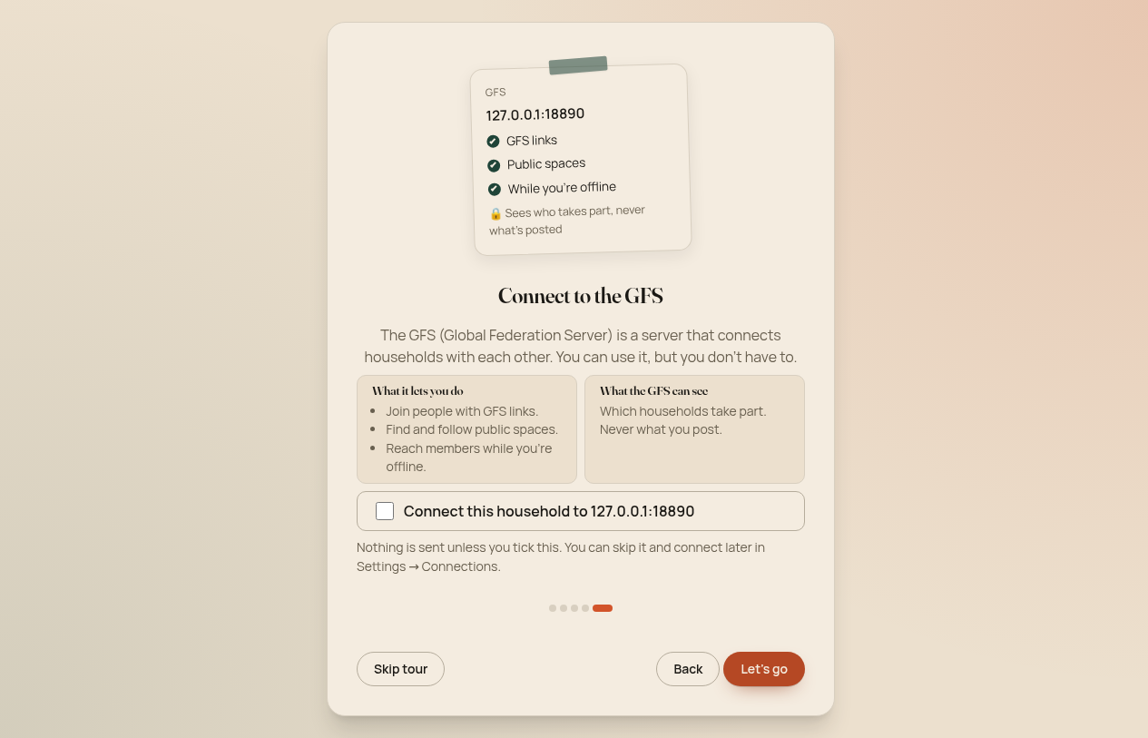 Onboarding step Connect to the GFS: what it lets you do, what the GFS can see, and an unchecked box to connect this household