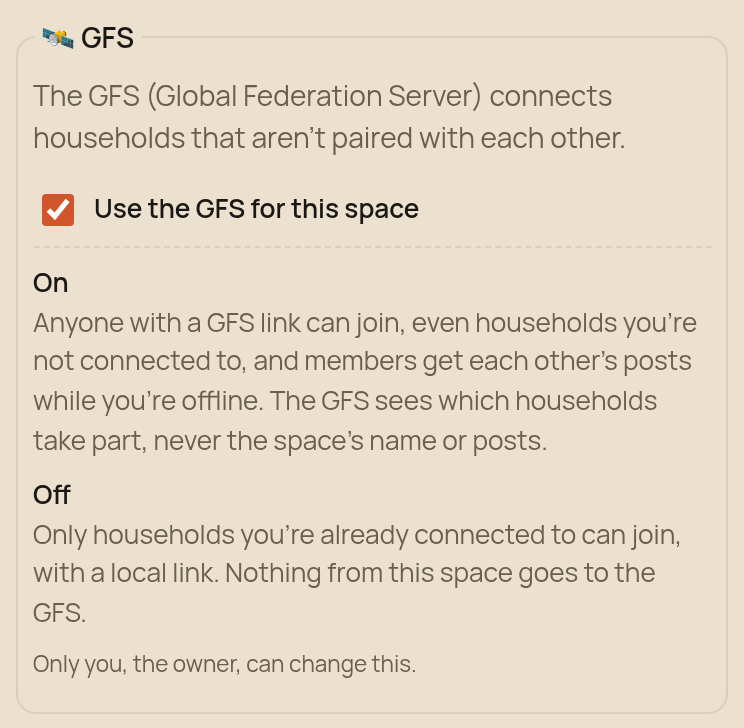 Private space settings on a phone: Use the GFS for this space switched on, with what On and Off each mean
