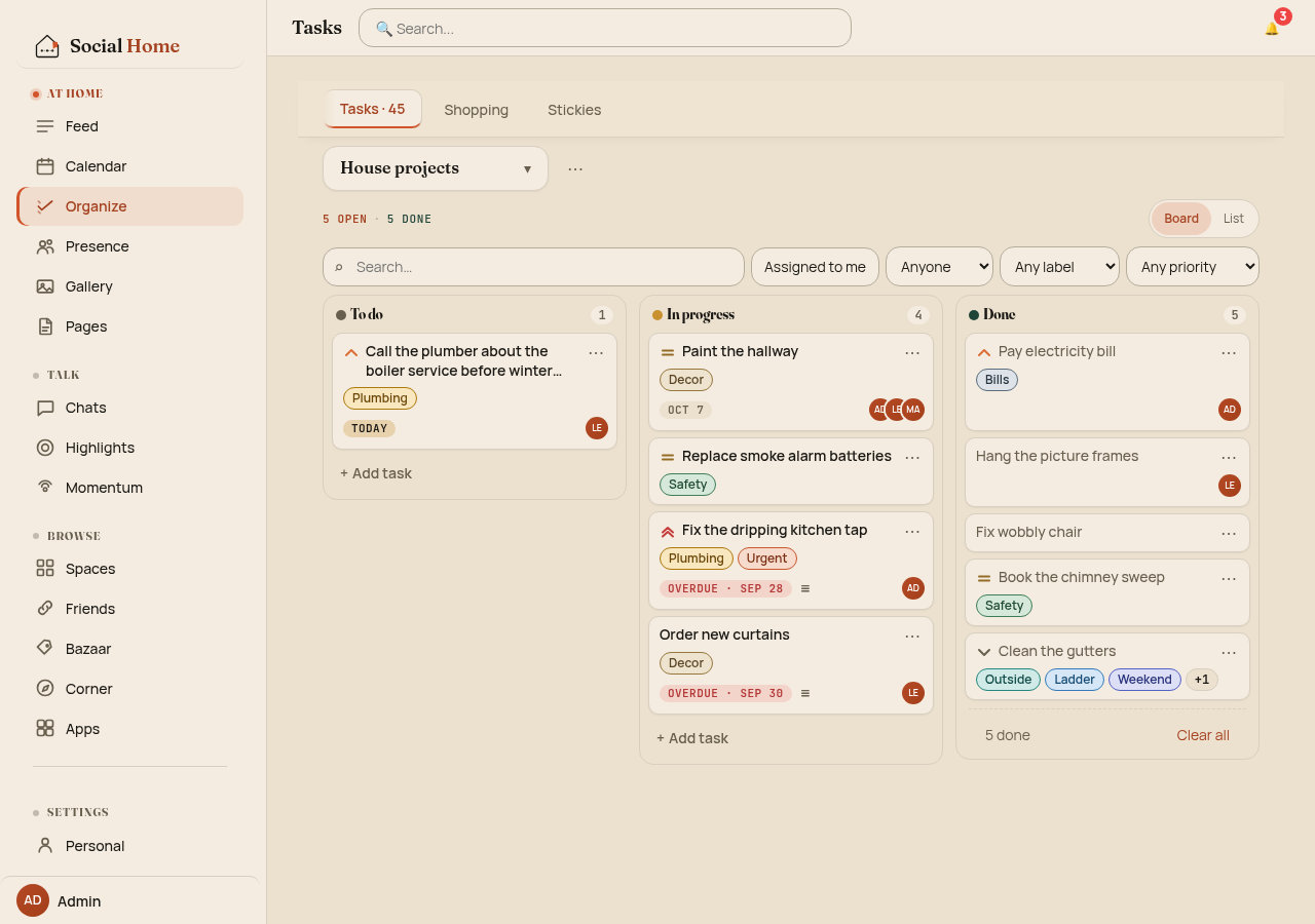 Task board for House projects with To do, In progress and Done columns, coloured labels, due dates and assignee avatars