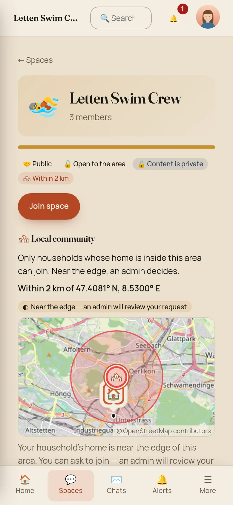 The About page of Letten Swim Crew on a phone with the chips Public, Open to the area, Content is private and Within 2 km, a Join space button, a Local community section with a map of the 2 km circle and the household's home near its rim, and the badge Near the edge, an admin will review your request