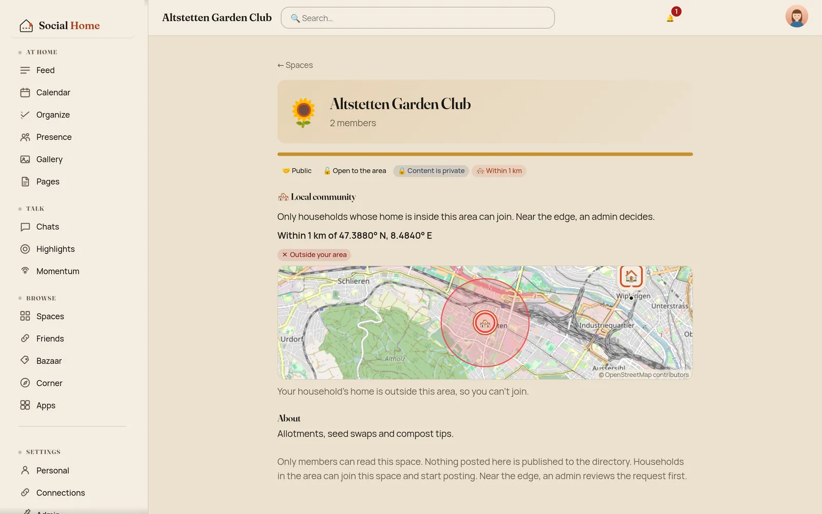The About page of Altstetten Garden Club with a 1 km circle on the map, the household's home well outside it, an Outside your area badge, and the line Your household's home is outside this area, so you can't join