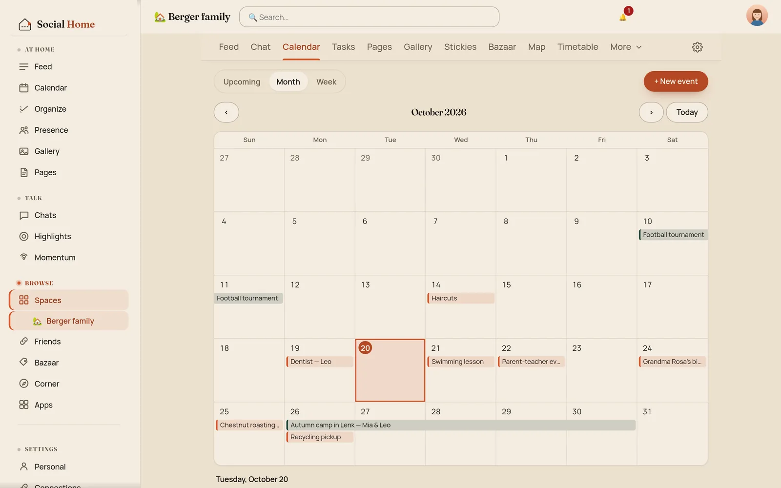 The space calendar's Month view for October 2026 with today, the 20th, marked, and the autumn camp in Lenk drawn as one bar from Monday 26 to Friday 30