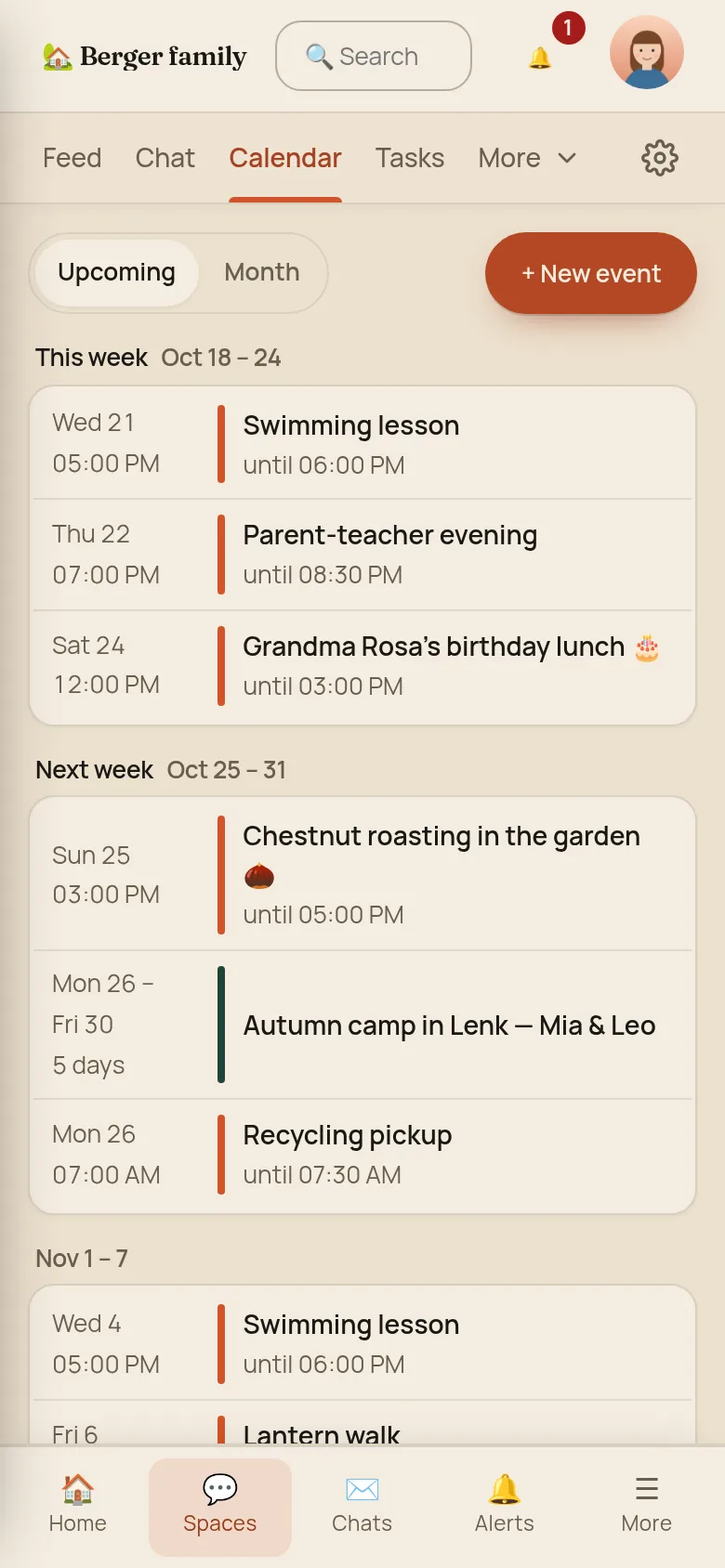 The space calendar on a phone showing Upcoming: this week with a swimming lesson, a parent-teacher evening and Grandma Rosa's birthday lunch, next week with chestnut roasting, the autumn camp in Lenk from Monday 26 to Friday 30 shown as one row with 5 days, and a recycling pickup