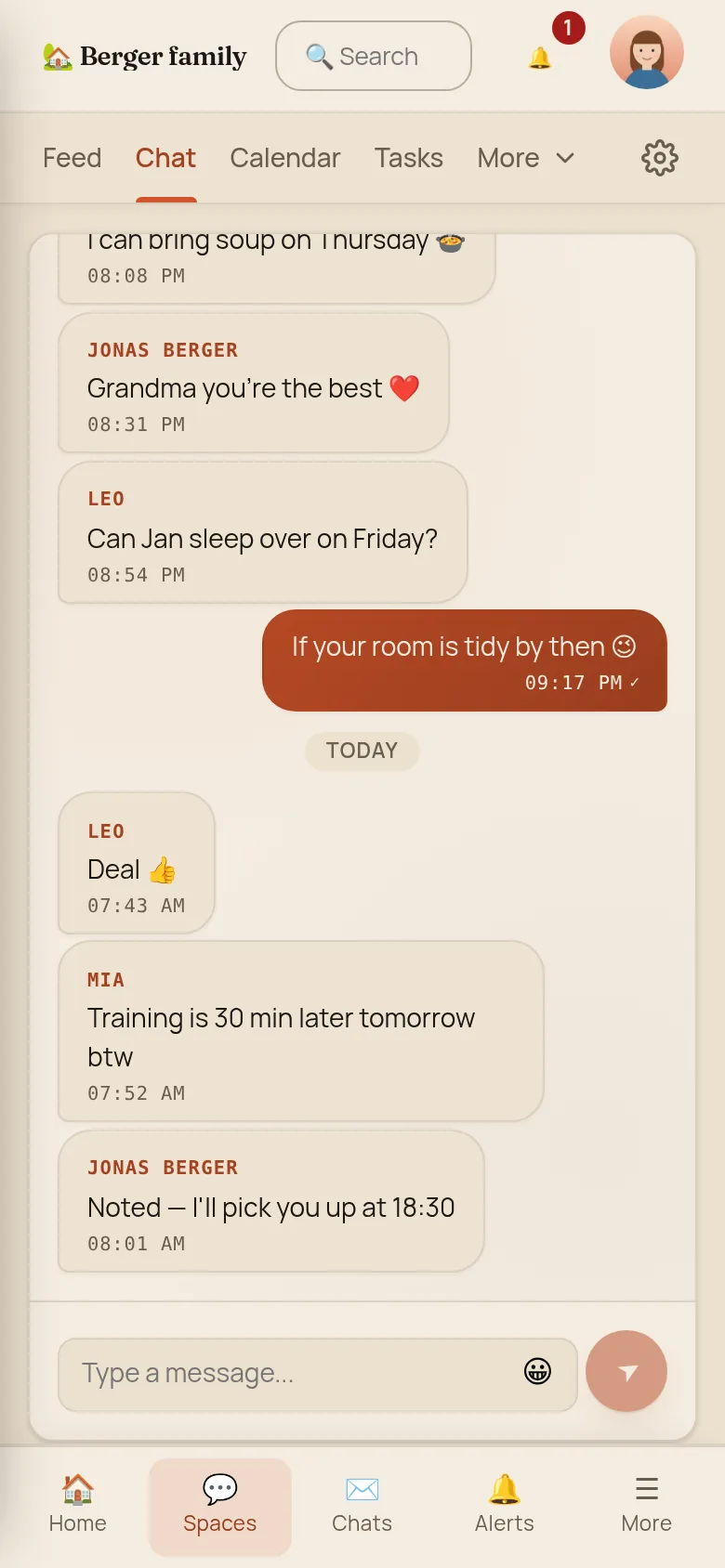 The Berger family chat on a phone filling the screen: messages from Jonas, Leo and Anna in the evening, a Today divider, then Leo, Mia and Jonas in the morning, and the message box at the bottom
