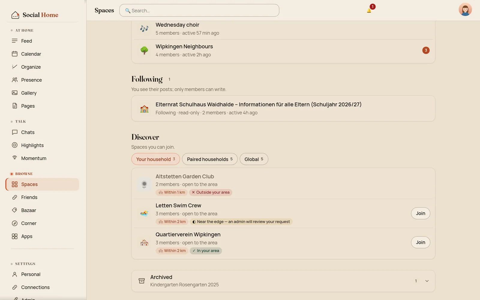 Discover with Your household selected, listing Altstetten Garden Club within 1 km marked Outside your area with no Join button, Letten Swim Crew within 2 km marked Near the edge, an admin will review your request, and Quartierverein Wipkingen within 2 km marked In your area