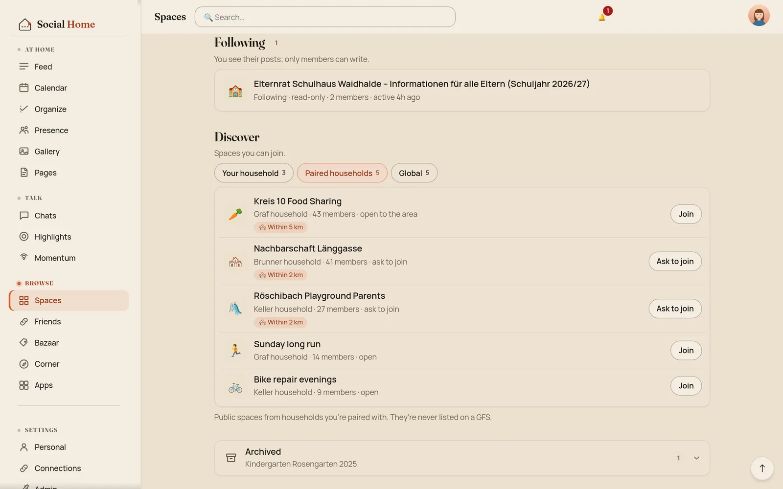 Discover with Paired households selected, listing Kreis 10 Food Sharing within 5 km, Nachbarschaft Länggasse and Röschibach Playground Parents within 2 km, then Sunday long run and Bike repair evenings, each with the host household, member count and a Join or Ask to join button, and a note that these are never listed on a GFS