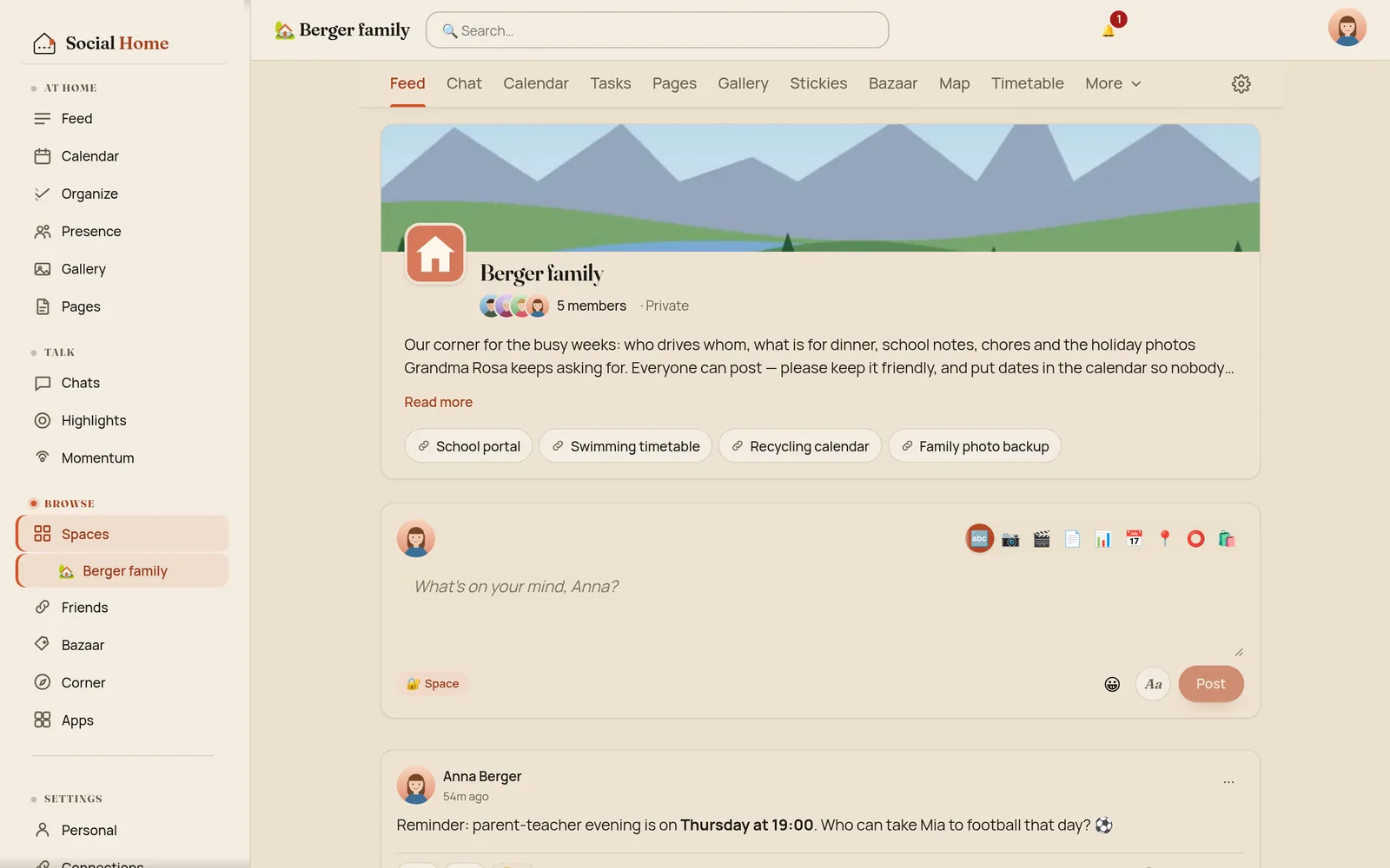 The Berger family space on desktop with the tab row Feed, Chat, Calendar, Tasks, Pages, Gallery, Stickies, Bazaar, Map, Timetable and More, then the cover, the name, member faces, two lines of About, quick links and the composer, with Anna's first post below