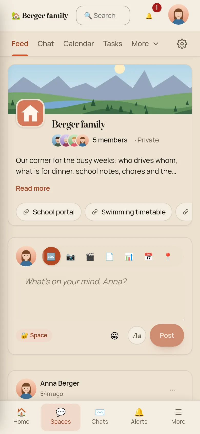 The Berger family space on a phone with the tabs Feed, Chat, Calendar, Tasks and More, the cover with the name and member faces, two lines of About, quick links and the composer within the first screen