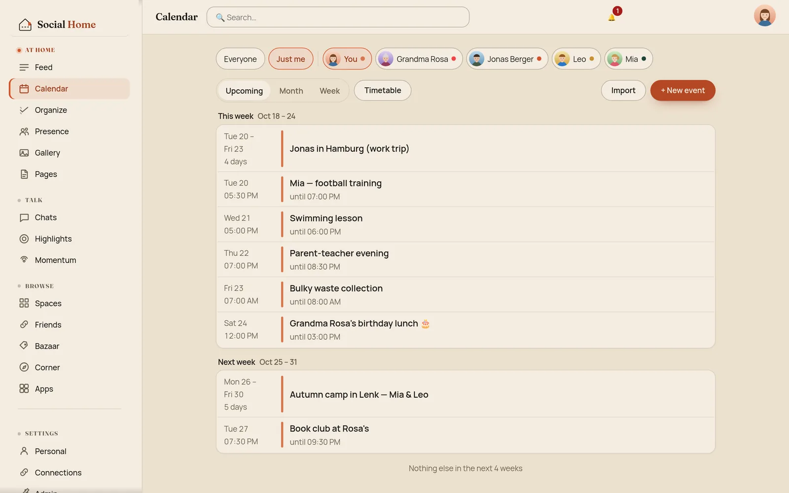 The household calendar on desktop with Everyone, Just me and a chip for each person, Upcoming, Month and Week, and this week's list starting with Jonas in Hamburg from Tuesday 20 to Friday 23 shown once with 4 days