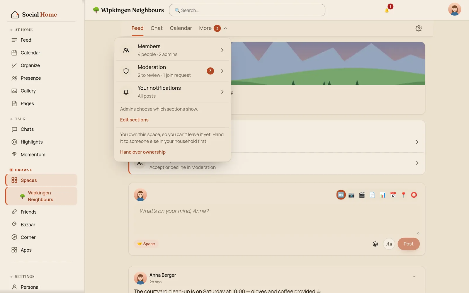 The More popover in the Wipkingen Neighbours space on desktop, listing Members with 4 people and 2 admins, Moderation with 2 to review and 1 join request and a badge of 3, Your notifications set to All posts, an Edit sections link and a Hand over ownership link