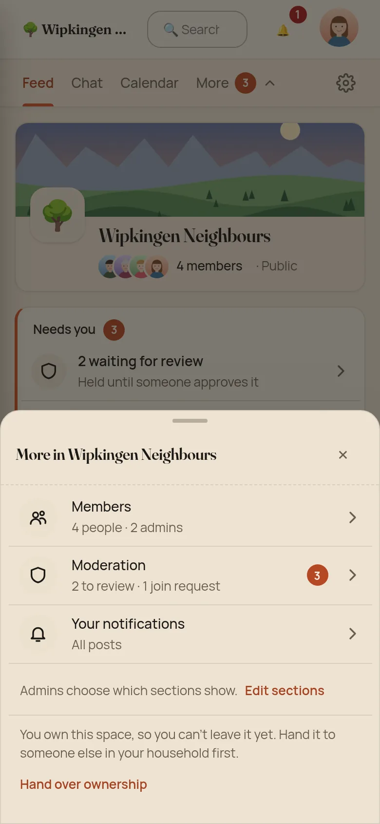 The same choices as a sheet sliding up from the bottom of a phone, titled More in Wipkingen Neighbours, with a close button