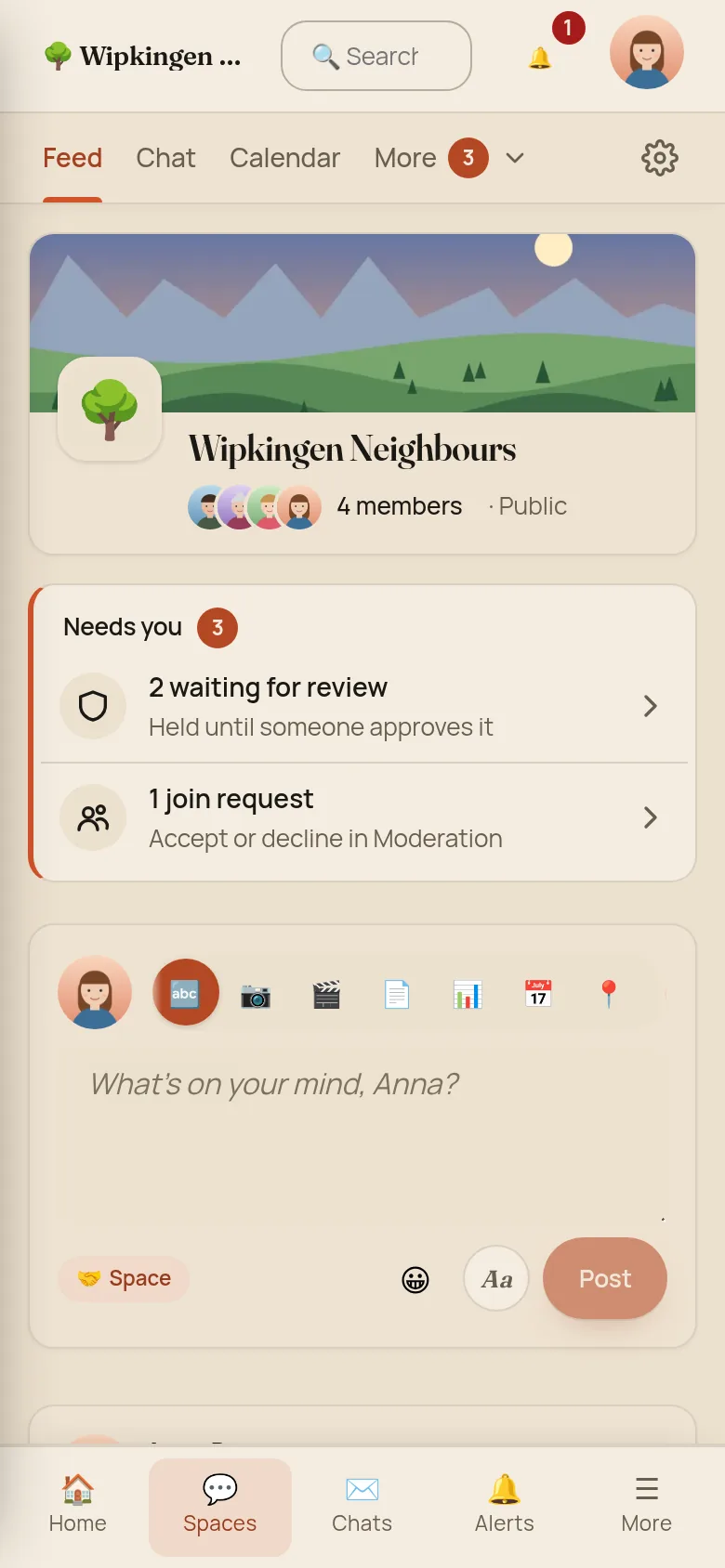 The Wipkingen Neighbours space on a phone with a Needs you card showing 3: 2 waiting for review, held until someone approves it, and 1 join request to accept or decline in Moderation