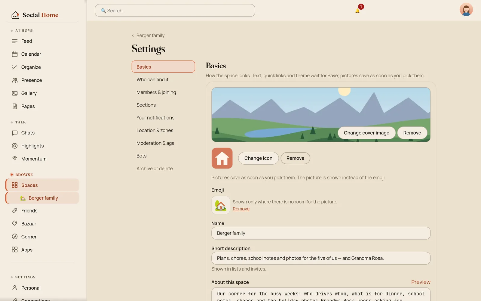 The Berger family settings page on desktop with a section list on the left, Basics selected, and the Basics card on the right with the cover image, the icon, the emoji, the name and the short description