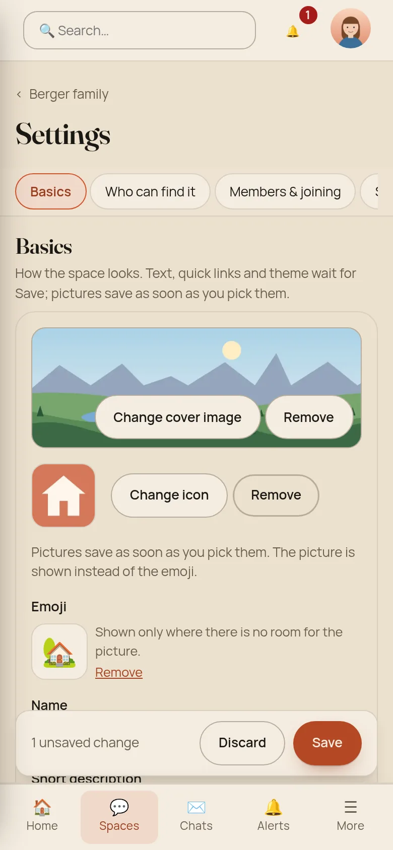 The settings page on a phone with section chips on top and a save bar at the bottom saying 1 unsaved change, with Discard and Save buttons
