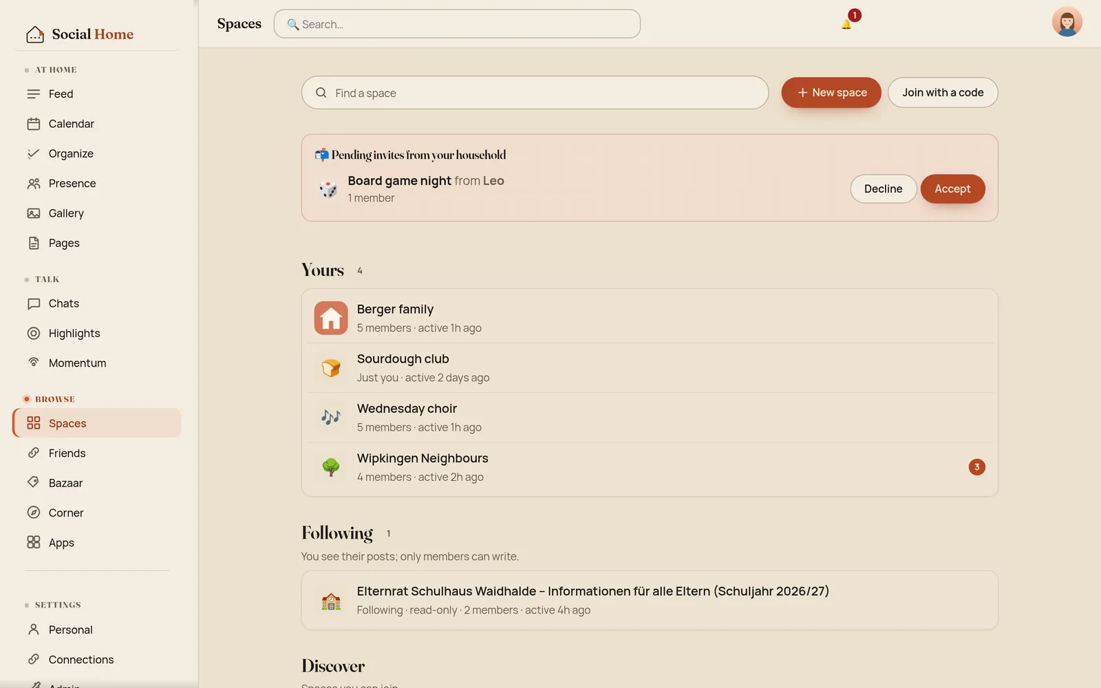 The Spaces page on desktop: a Find a space search, New space and Join with a code buttons, a pending invite to Board game night from Leo with Decline and Accept, then Yours with Berger family, Sourdough club, Wednesday choir and Wipkingen Neighbours with 3 new, then Following with the parents' council