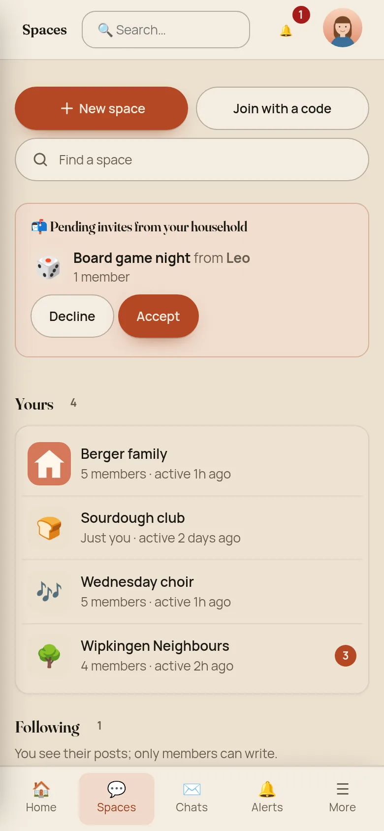 The Spaces page on a phone with New space and Join with a code on top, the pending invite with Decline and Accept, and the list of your four spaces with member counts and last activity