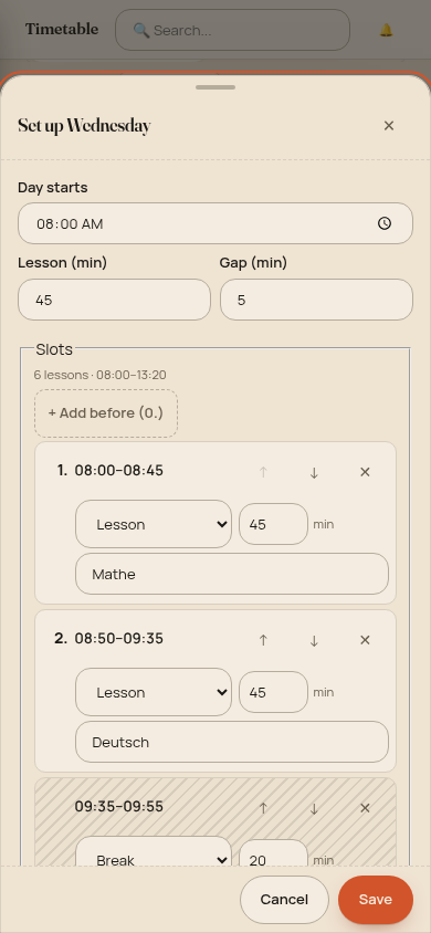 Day builder shown as a bottom sheet on a phone