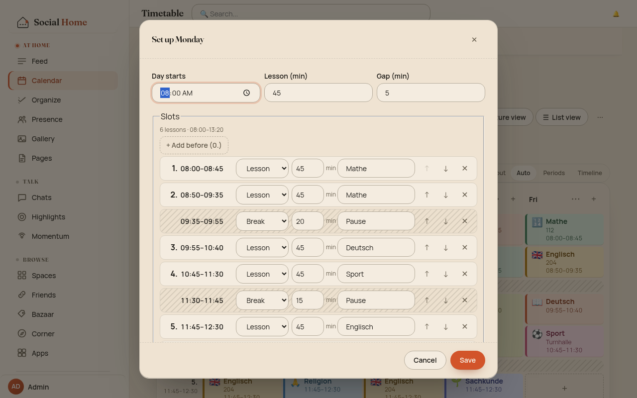 Day builder dialog with start time, lesson length, gap, and a list of lesson and break rows with computed times