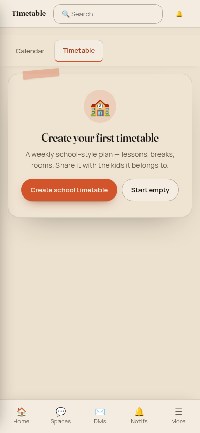 Empty state reading Create your first timetable, with Create school timetable and Start empty buttons