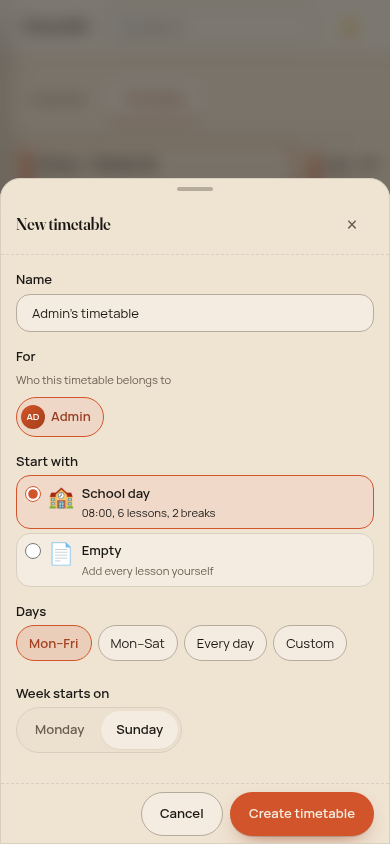 New timetable sheet with name, child, School day or Empty template, day presets and week start