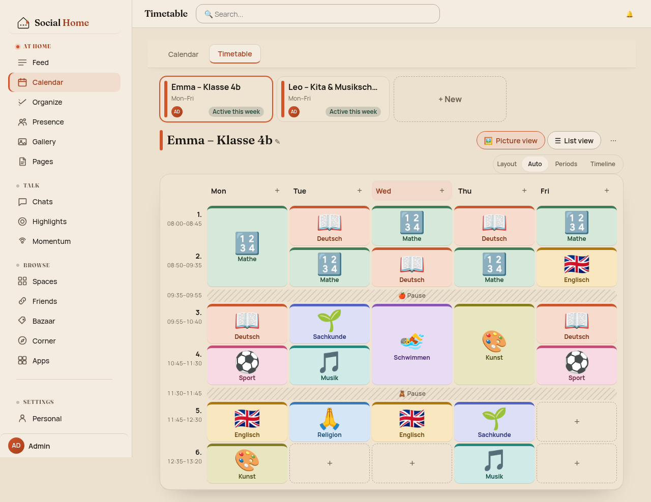 Picture view of the same week, with large subject icons and short captions