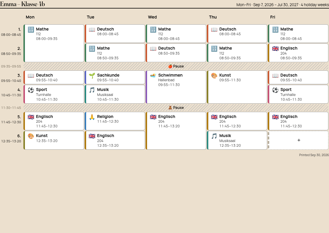 Print preview of the regular timetable as a period table