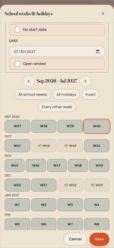School weeks picker on a phone with date fields and window navigation