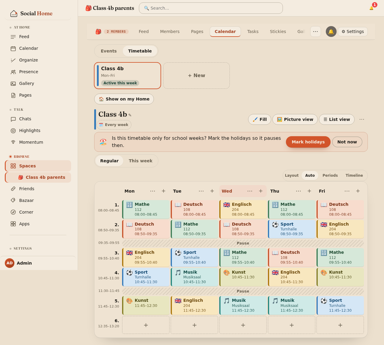 Space Calendar tab with an Events and Timetable switch, where the admin sees the full editor