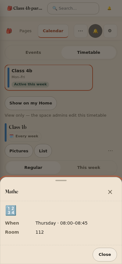 Read-only lesson details sheet on a phone