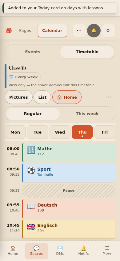 Pin toggled on, with a toast reading Added to your Today card on days with lessons