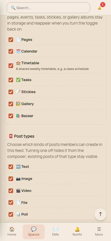 Space settings feature list with the new Timetable toggle