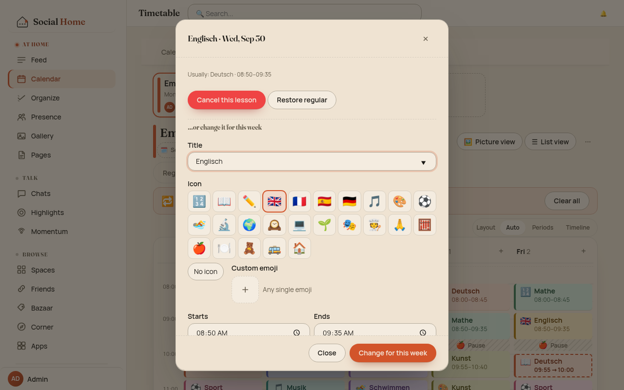 Lesson dialog in week mode with Cancel this lesson, Change for this week and Restore regular