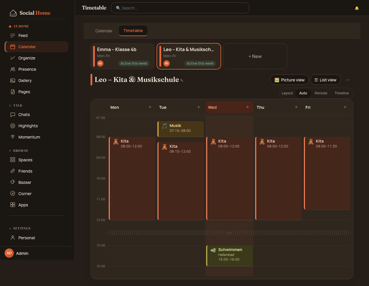 Timeline layout in dark mode, with an early music lesson on Tuesday above the 08:00 blocks and a compressed empty afternoon