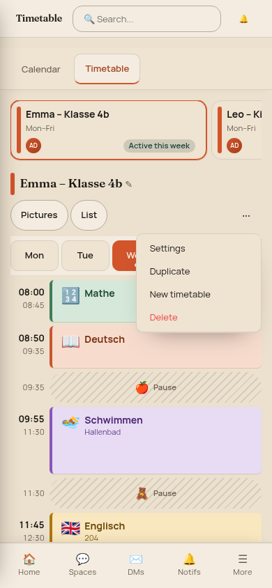 Timetable header menu on a phone with Settings, Duplicate, New timetable and Delete