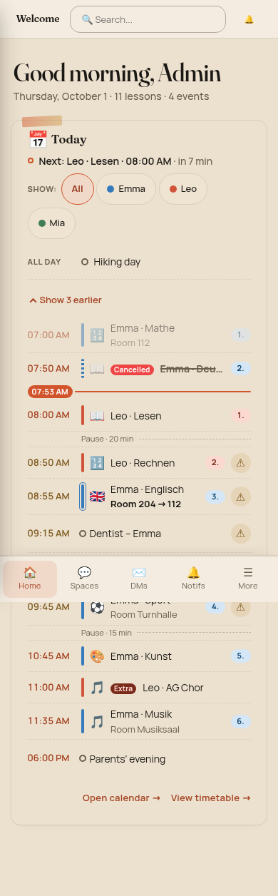 Today card on a phone with a now line at 07:53 and the next lesson in seven minutes
